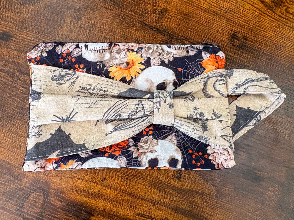 Floral Skull Zippered Pouch with Bow & Wrist Strap